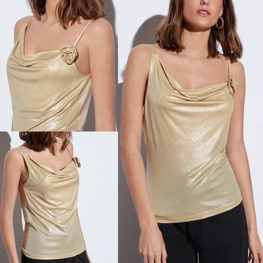 Cream champagne light metallic gold stretchy cowl neck draped tank top 3d flower